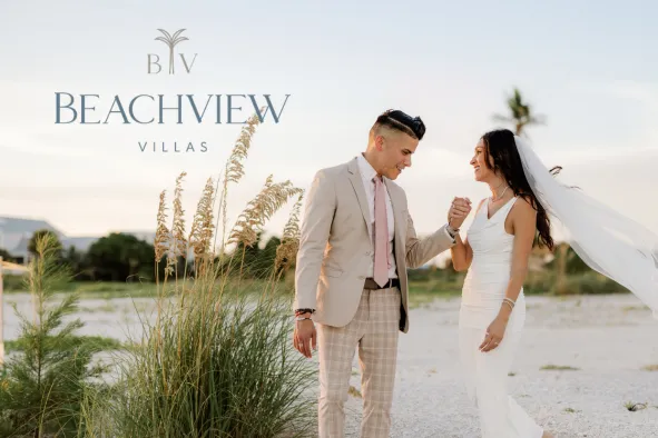 A bride and groom on the beach at Beachview Villas on Sanibel Island
