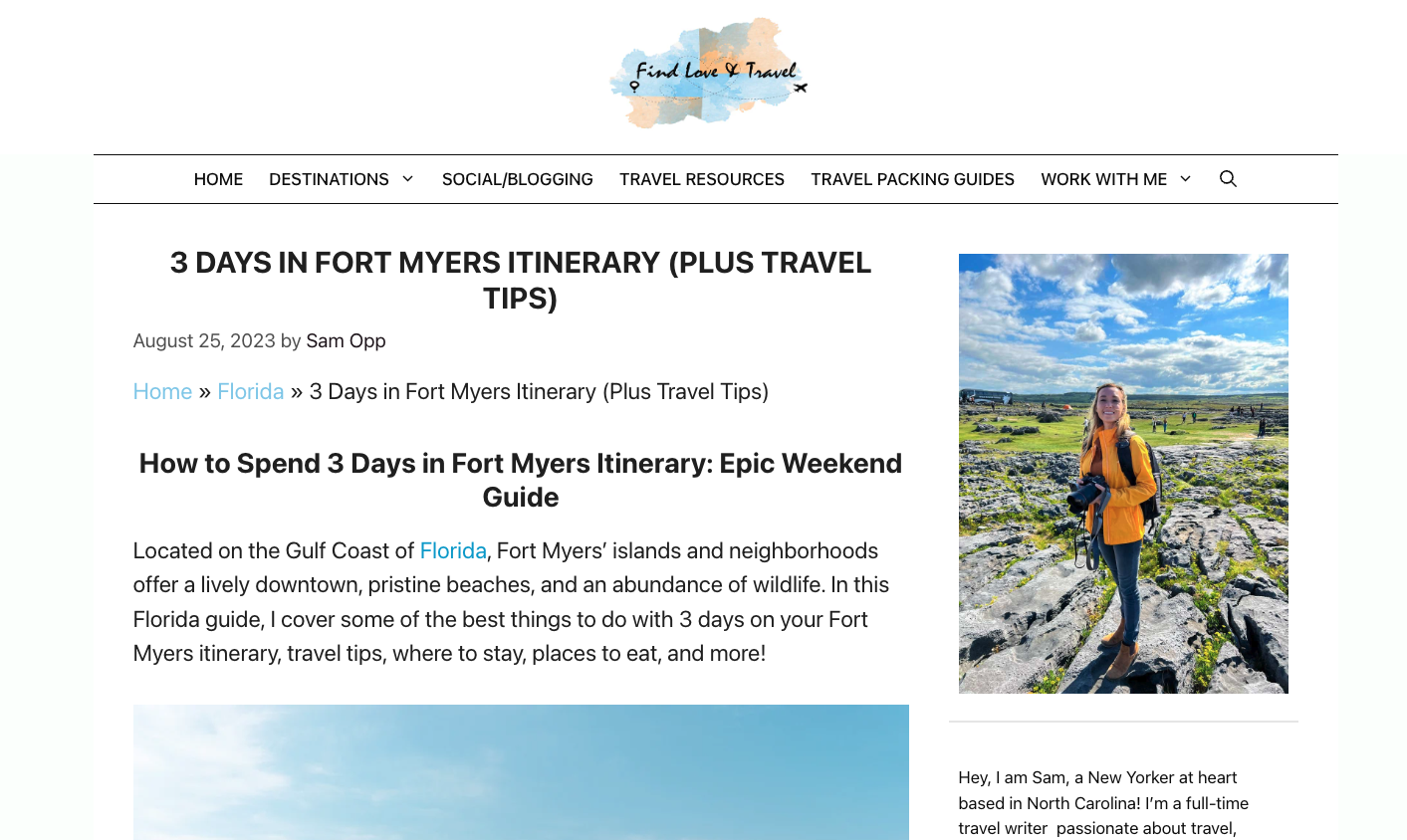 A screenshot of a travel blog to Fort Myers on FindLoveTravel.com