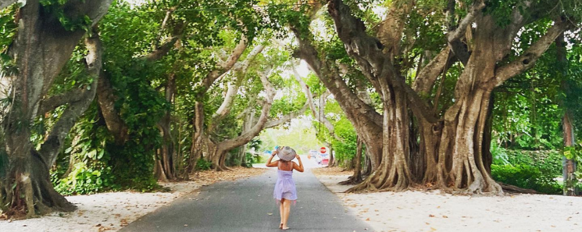 woman walking on a path through trees