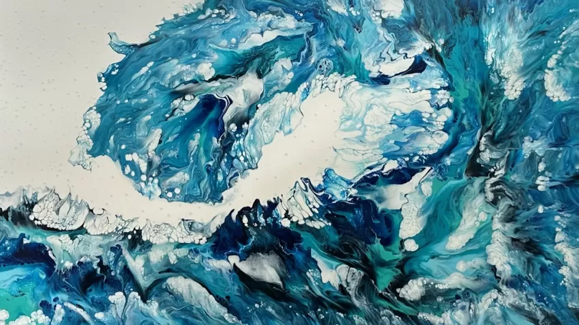 Painted tidal wave of blues and whites on a white background