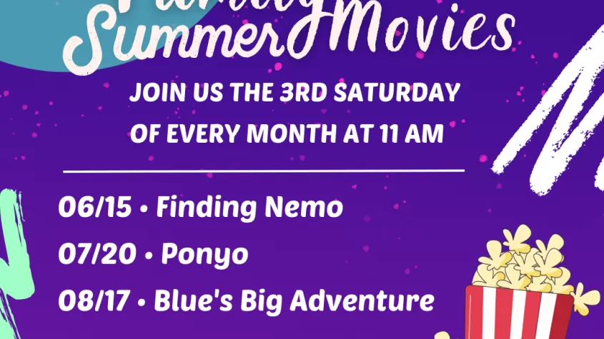 purple background with teal circles and twinkle lights at the top and white font saying family summer movies and the dates with popcorn and 3d glasses