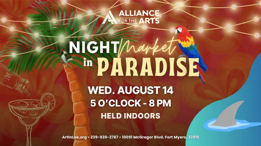 red background with a palm tree, a saltshaker and margarita outline, a parrot and a shark fin for the Night Market in paradise that begins at 5 o'clock on august 14