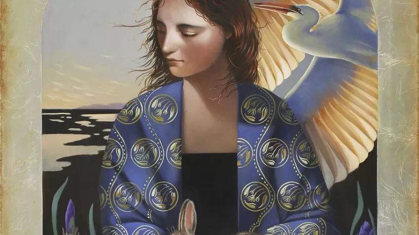 A woman with brown hair in a blue shall looking over her right shoulder under an arch with a sunset and cranes in the back and a rabbit in her arms
