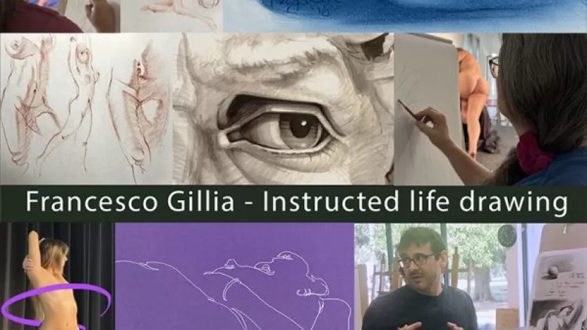 graphic with multiple pictures including two live models, a charcoal sketch of a woman, a face and the instructor explaining how
