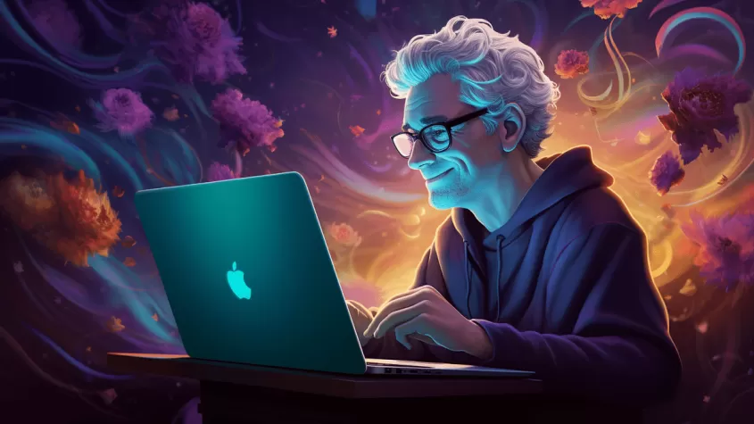 AI image of a swirly colored sky and a man with white hair and glasses looking at a laptop