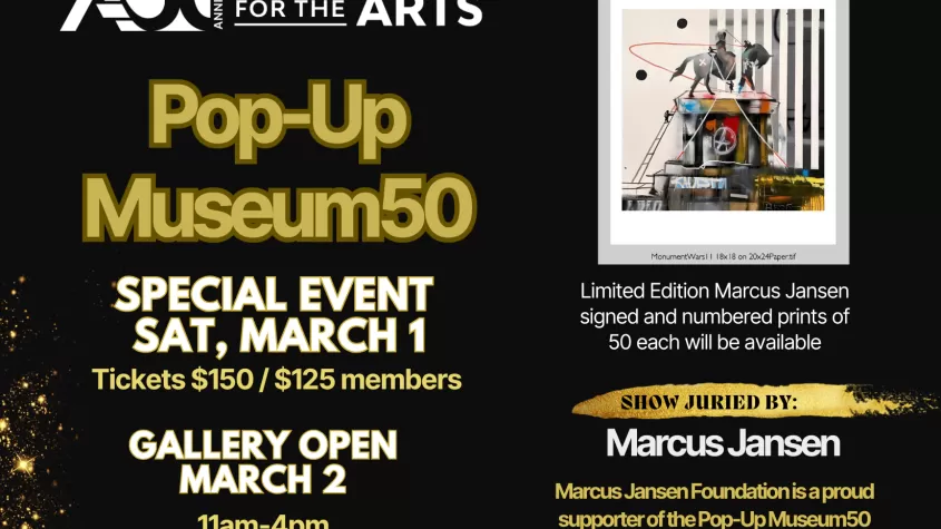 black background with gold high lights stating the event information and that 50 signed prints of Marcus Jansen will be available for purchase