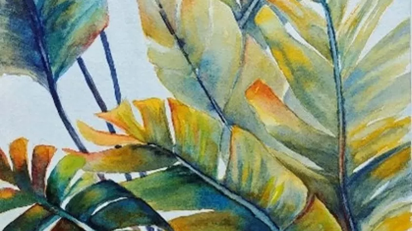 painting of palm fronds in greens, blues, yellows and reds