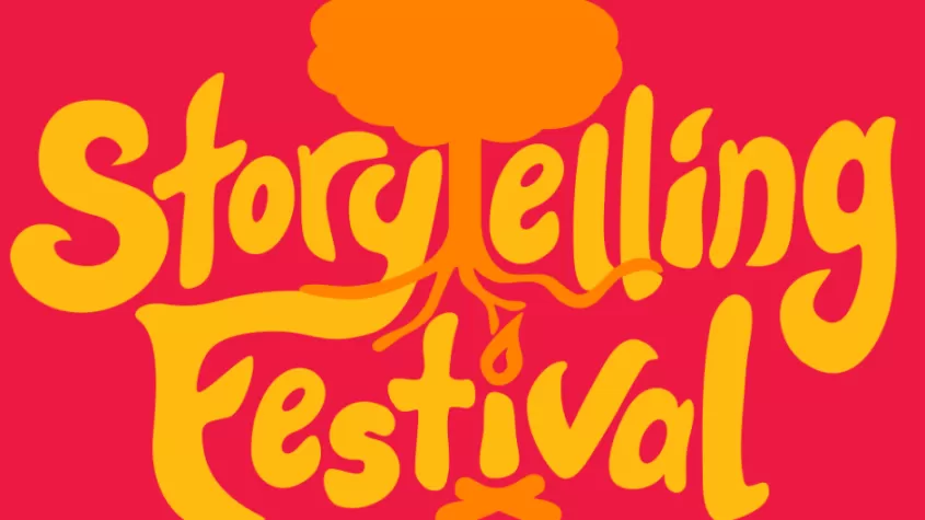 red background with yellow font saying Storytelling Festival, but the second t is a tree and the i is a campfire