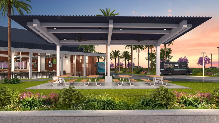 Open air dining pavilions at Slipaway Food Truck Park & Marina