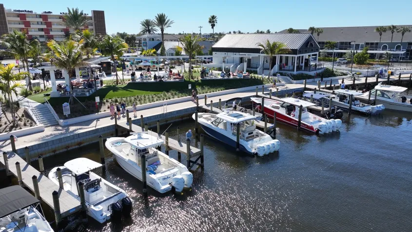 Boats docked at slips and view of seating area