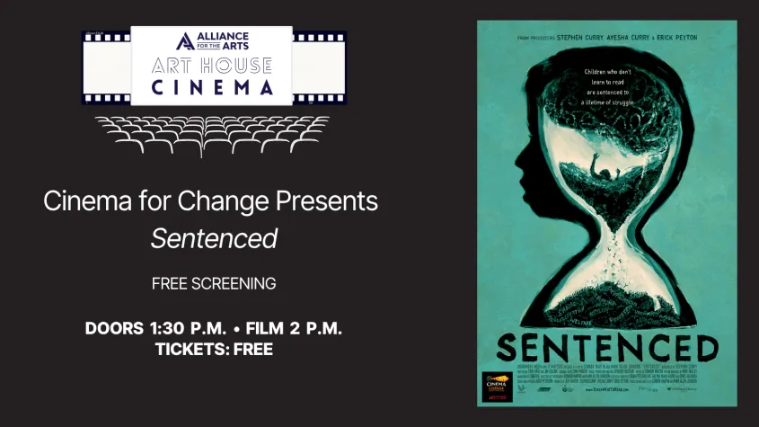 teal promotional poster for Sentenced featuring silhouette of a boy with an hour glass drawn into his shadow