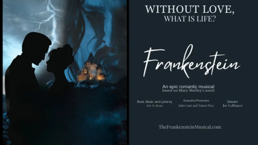Dark Frankenstein: The Musical poster with silhouetted couple, lightning and a castle, and the tagline “Without love, what is life?”
