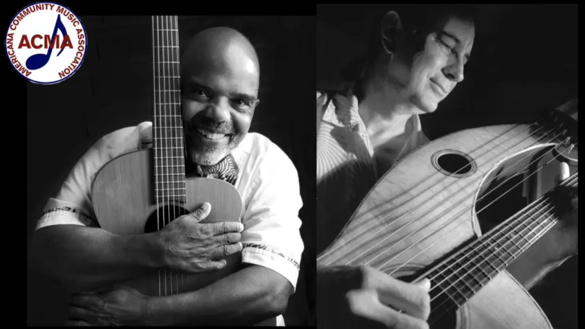 Two musicians, one with guitar and one with harp guitar.  ACMA logo in corner