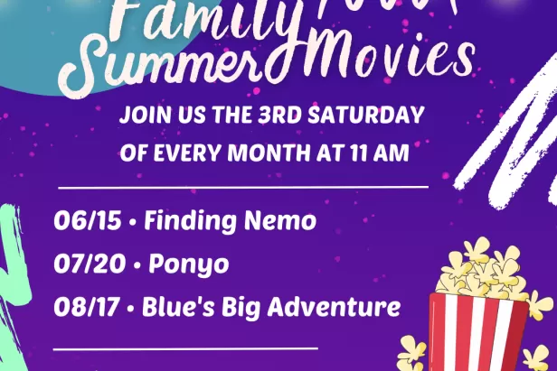 purple background with teal circles and twinkle lights at the top and white font saying family summer movies and the dates with popcorn and 3d glasses
