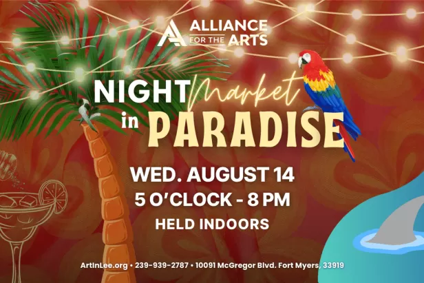 red background with a palm tree, a saltshaker and margarita outline, a parrot and a shark fin for the Night Market in paradise that begins at 5 o'clock on august 14
