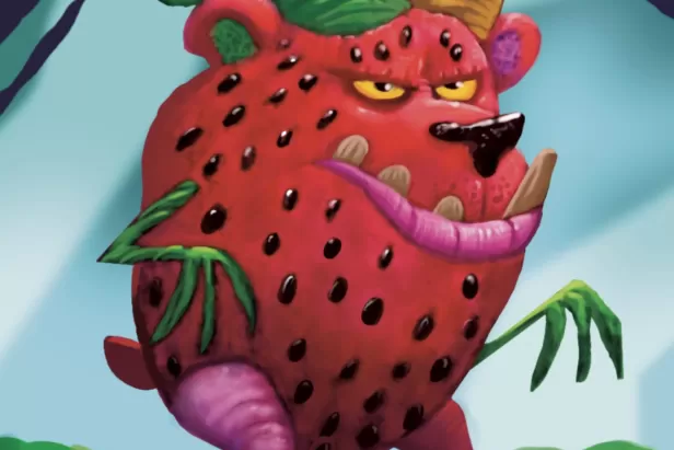 digital art strawberry with a monster face, yellow and green horns, pink legs walking on grass in the woods

