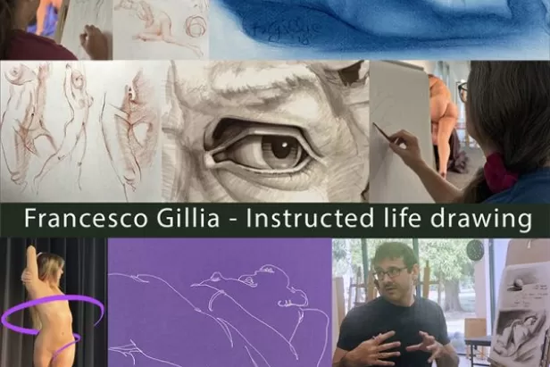 graphic with multiple pictures including two live models, a charcoal sketch of a woman, a face and the instructor explaining how
