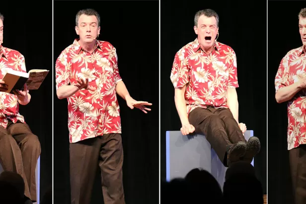 four pictures of a man in brown pants and a red hawaiin shirt in different action poses

