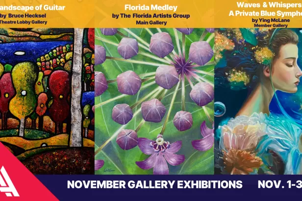 Three paintings: One of cartoonish trees in stained glass colors, a close up of a purple flower, and a woman under water holding a bubble over her face
