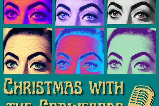 Six Joan Crawford faces Andy Warhol style with Christmas with the Crawfords logo
