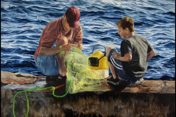 a painting of a father and son at the beach, one in a blue swimsuit and red shirt and one in a green tshirt with a fishing net between them 
