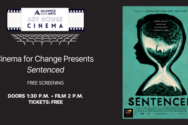 teal promotional poster for Sentenced featuring silhouette of a boy with an hour glass drawn into his shadow
