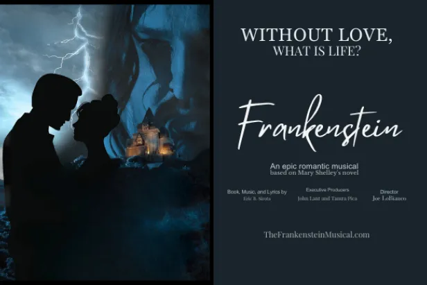 Dark Frankenstein: The Musical poster with silhouetted couple, lightning and a castle, and the tagline “Without love, what is life?”
