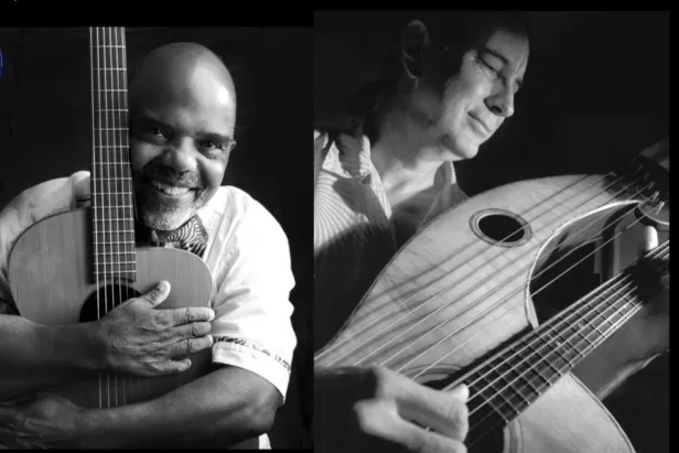 Two musicians, one with guitar and one with harp guitar.  ACMA logo in corner
