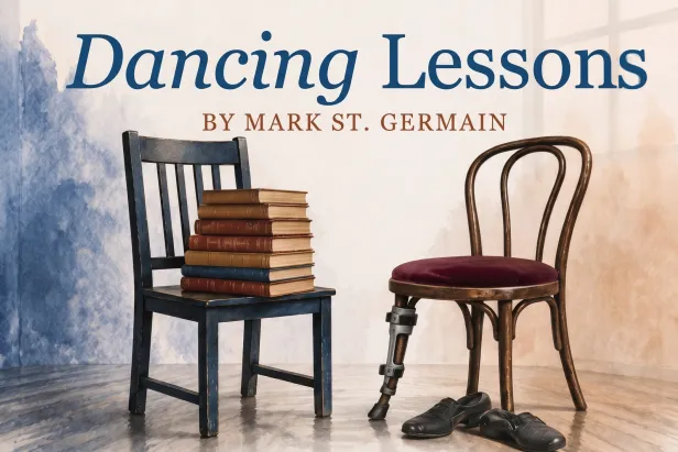 Dancing Lessons by Mark St. Germain, two chairs, one with books and one with a knee brace
