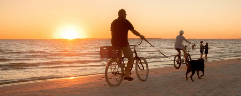A man enjoys a sunset bike ride on the beach