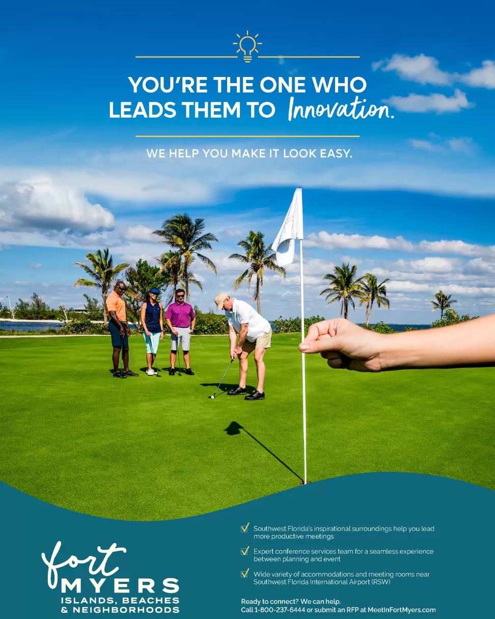 Fort Myers Meetings print ad featuring a group of people golfing on Captiva Island