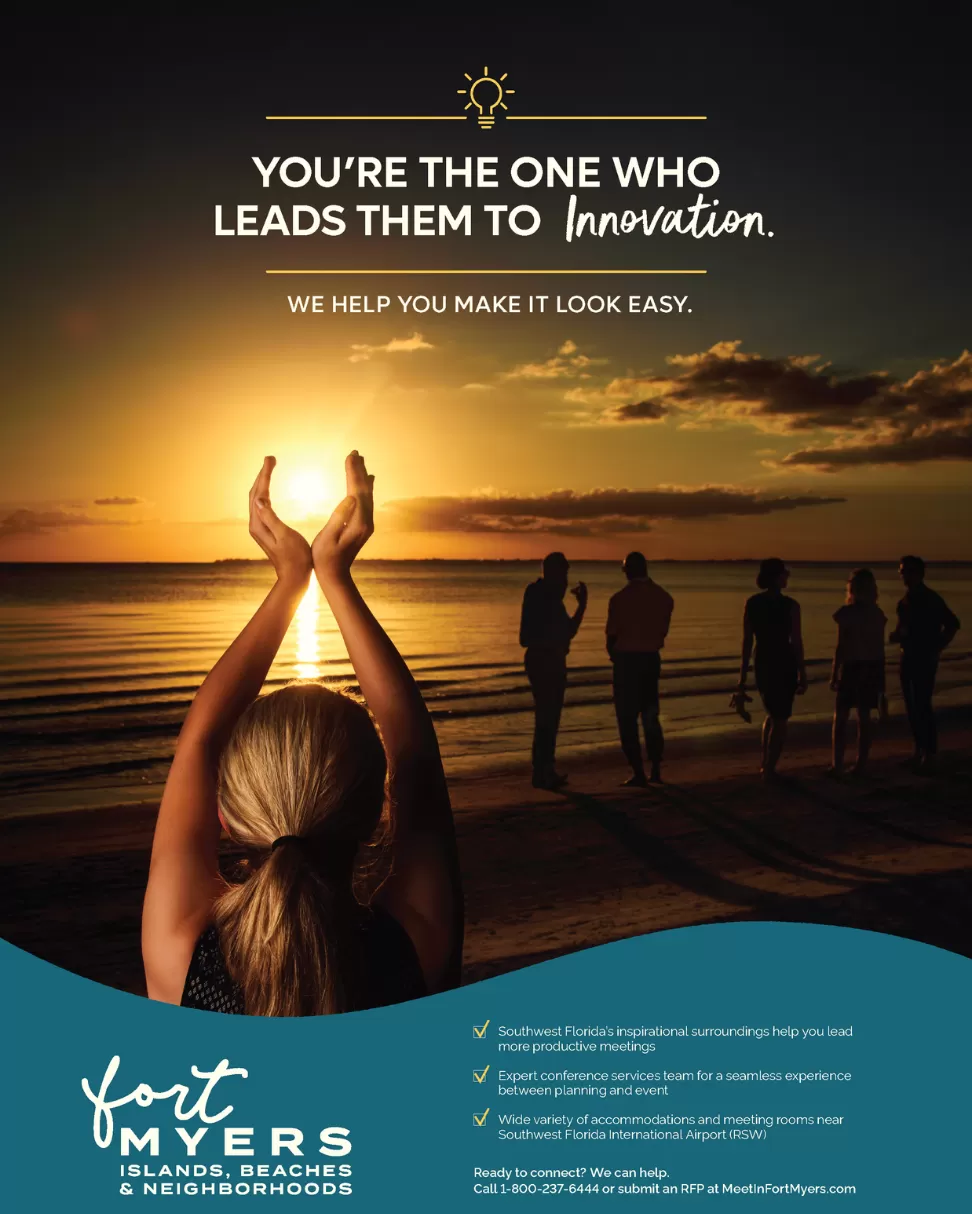 A Fort Myers meetings print ad featuring a group at sunset at Bunche Beach