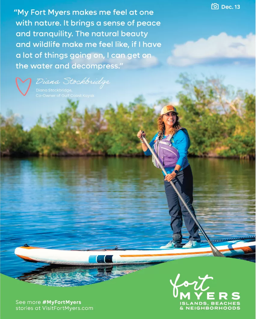 A woman stands on a paddleboard in a print ad featuring the My Fort Myers campaign. 